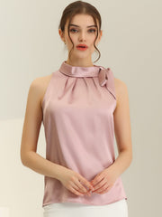 Elegant Satin Sleeveless Tie Knot Mock Neck Solid Work Blouse Top