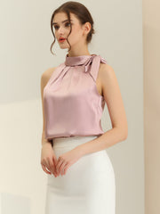 Elegant Satin Sleeveless Tie Knot Mock Neck Solid Work Blouse Top