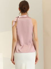 Elegant Satin Sleeveless Tie Knot Mock Neck Solid Work Blouse Top