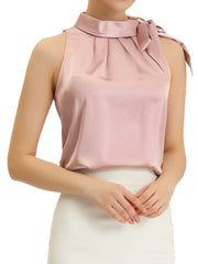 Elegant Satin Sleeveless Tie Knot Mock Neck Solid Work Blouse Top