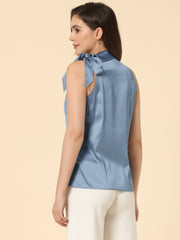 Elegant Satin Sleeveless Tie Knot Mock Neck Solid Work Blouse Top
