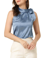Elegant Satin Sleeveless Tie Knot Mock Neck Solid Work Blouse Top