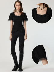 Sweetheart Neck Puff Short Sleeve Lace Up Gothic Blouse