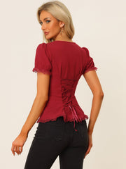 Sweetheart Neck Puff Short Sleeve Lace Up Gothic Blouse