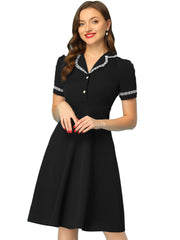 Work Lace Notched Collar Vintage 1950s Short Sleeve Midi Shirt Dress