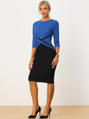 Contrast Color 3/4 Sleeve Bodycon Work Office Pencil Sheath Dress