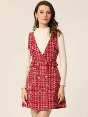 Elegant Button Front V Neck Plaid Tweed Overalls Pinafore Dress