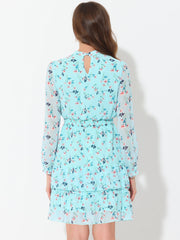 Floral Smocked Waist Sheer Sleeve Ruffle Layers Chiffon Dress