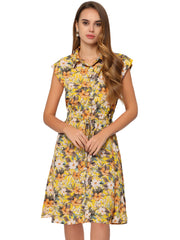 Summer Chiffon Floral Cap Sleeve Drawstring Waist Shirt Dress
