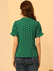 Polka Dot Short Puff Sleeve Button Up Peter Pan Collar Blouse