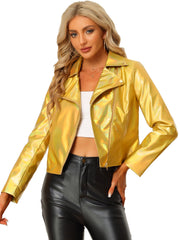 Metallic Biker Holographic Shiny Zipper Notched Jackets