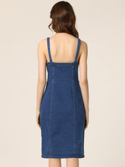 Button Down Denim Sleeveless Sweetheart Neck Jeans Dress