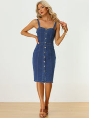 Button Down Denim Sleeveless Sweetheart Neck Jeans Dress