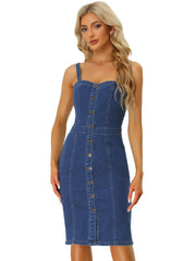 Button Down Denim Sleeveless Sweetheart Neck Jeans Dress