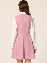 Patchwork Contrast Color Long Sleeve Tie Neck Mini Dress