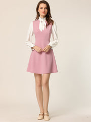 Patchwork Contrast Color Long Sleeve Tie Neck Mini Dress