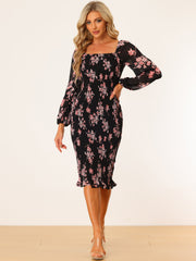 Floral Puff Sleeve Ruffle Bodycon Square Neck Smocked Mermaid Dress