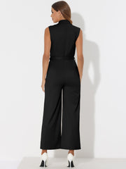 Sleeveless Button Front Closure Long Leg Pocket Belted Jumpsuits