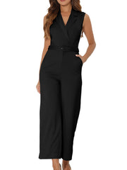 Sleeveless Button Front Closure Long Leg Pocket Belted Jumpsuits
