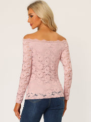 Off Shoulder Floral Lace Top Sheer Long Sleeves Casual Blouse
