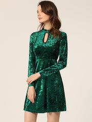 Keyhole Neck High Waist Long Sleeve Velvet Swing Mini Dress