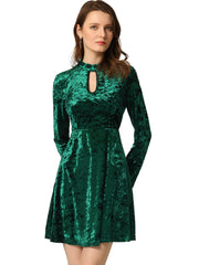 Keyhole Neck High Waist Long Sleeve Velvet Swing Mini Dress