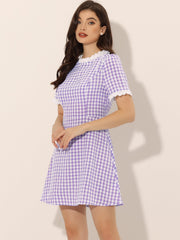 Summer Ruffle Neck Lace Panel Short Sleeve Check Gingham Dress