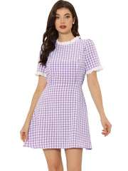 Summer Ruffle Neck Lace Panel Short Sleeve Check Gingham Dress