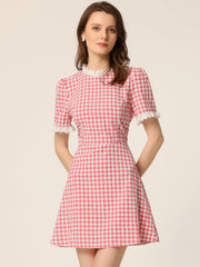 Summer Ruffle Neck Lace Panel Short Sleeve Check Gingham Dress