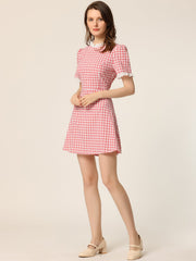 Summer Ruffle Neck Lace Panel Short Sleeve Check Gingham Dress