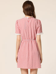 Summer Ruffle Neck Lace Panel Short Sleeve Check Gingham Dress