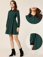 Contrast Color Puff Long Sleeve Collared Flare Short Dress