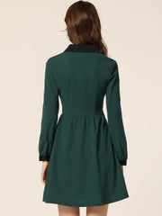 Contrast Color Puff Long Sleeve Collared Flare Short Dress