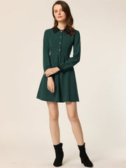 Contrast Color Puff Long Sleeve Collared Flare Short Dress