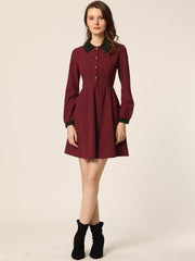 Contrast Color Puff Long Sleeve Collared Flare Short Dress