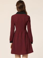 Contrast Color Puff Long Sleeve Collared Flare Short Dress