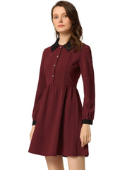 Contrast Color Puff Long Sleeve Collared Flare Short Dress