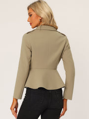 Double Breasted Pea Coat Notched Lapel Blazer Peplum Jacket