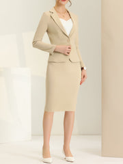 2 Pieces Business Casual Notched Lapel Long Sleeve Blazer & Pencil Skirt Suit Set