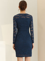 Lace Boat Neck Long Sleeve Cocktail Bodycon Pencil Dress