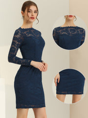 Lace Boat Neck Long Sleeve Cocktail Bodycon Pencil Dress