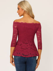 Elegant Lace Blouse Semi Sheer 3/4 Sleeve Off Shoulder Peplum Top