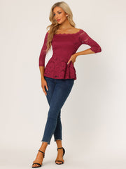 Elegant Lace Blouse Semi Sheer 3/4 Sleeve Off Shoulder Peplum Top
