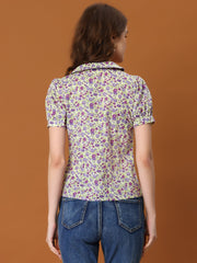 Puff Sleeve Shirt Point Collar Top Button Down Floral Blouse