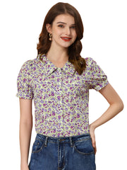 Puff Sleeve Shirt Point Collar Top Button Down Floral Blouse
