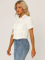Tweed Tassel Cropped Length Summer Short Sleeve Shirt