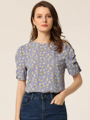 Floral Crew Neck Ruched Sleeve Casual Blouse