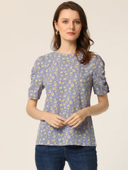 Floral Crew Neck Ruched Sleeve Casual Blouse