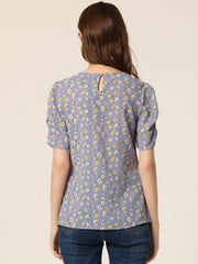 Floral Crew Neck Ruched Sleeve Casual Blouse
