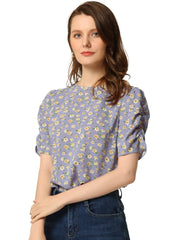Floral Crew Neck Ruched Sleeve Casual Blouse